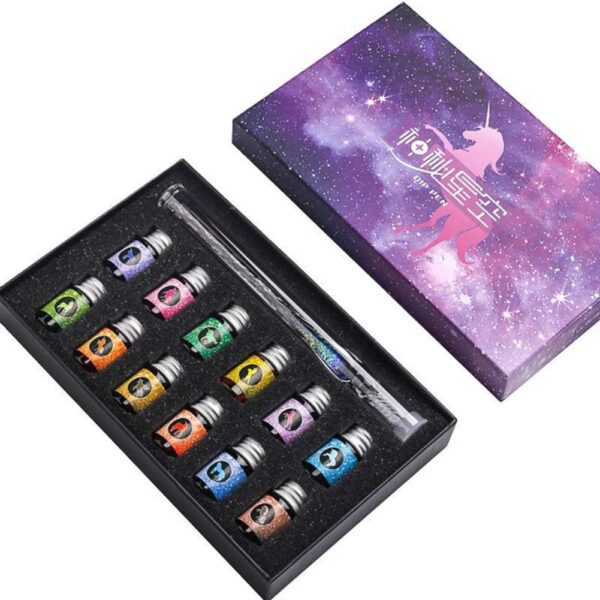 Calligraphy Dip Pens Crystal Pen and Ink Set with 12 Colorful Inks for Art Writing Signatures