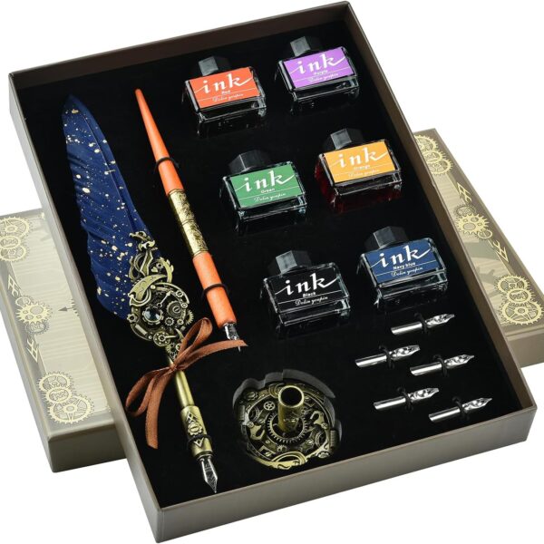 Calligraphy Pen Set with Multicoloured Inks Feather Quill Pen Made of Wood Dip Pens