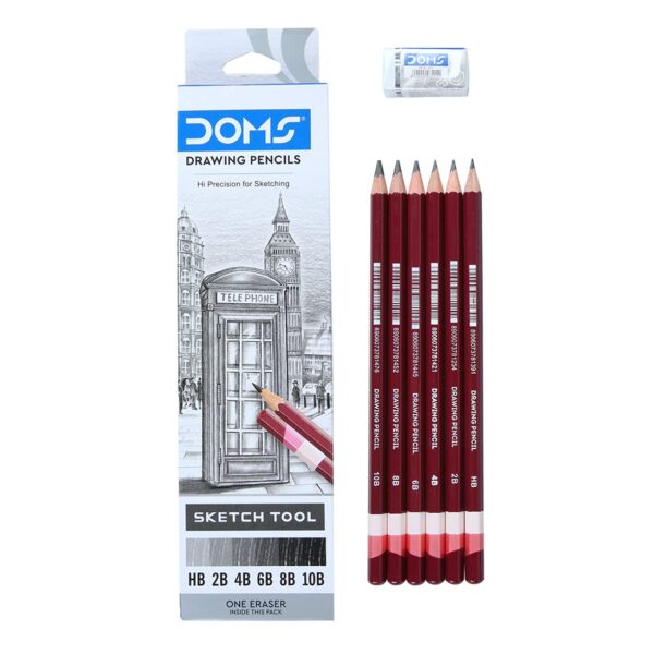 Doms Drawing & Sketching Graphite Pencils - Grade HB, 2B, 4B, 6B, 8B & 10B | Hi Precision For Sketching | Dark & Neat Drawing | Comes With 1 Eraser Pack of 6