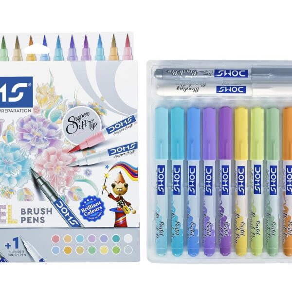 Doms Super Soft Tip Pastel Shades Brush Pen Set | 12 Pastel Shades + 1 Silver Shade + 1 Blender | Ideal for Doodling, Illustrations, Calligraphy, Artists, Studenst & Professioanls | Pack Of 1