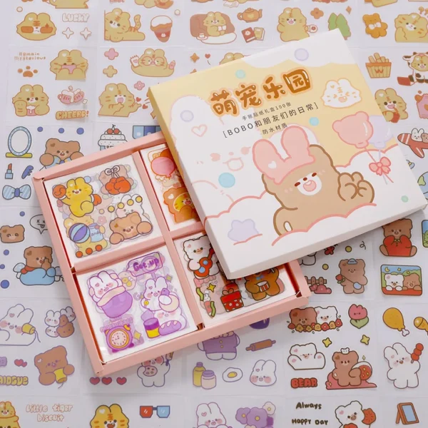 Kawaii Gift DIY Scrapbooking Photo Album Cute Stationery Stickers Bear Rabbit Girl Pattern Memo Sticky Notes Label Decoration Small Bean Book Stickers Diary Stickers (01)