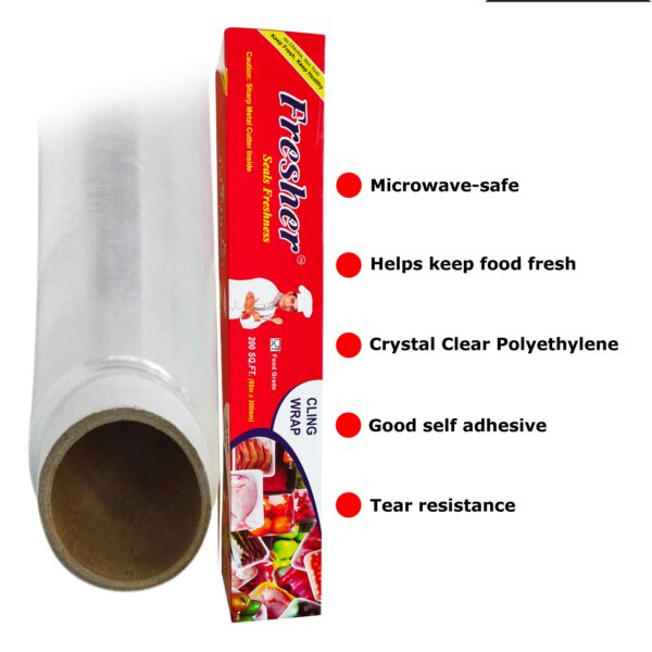 Fresher Plastic Stretch Wrap Clear Cling Food Grade PE Vinyl Film Plastic Wrapping Paper Roll 60 meter Ideal food Wrapping paper for Keeping Food Fresh