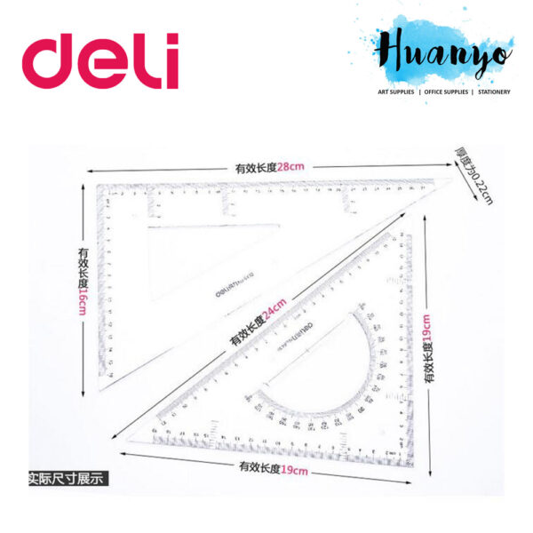 DELI TRANSPARENT PLASTIC SET SQUARE METRIC RULER 28 CM 6430