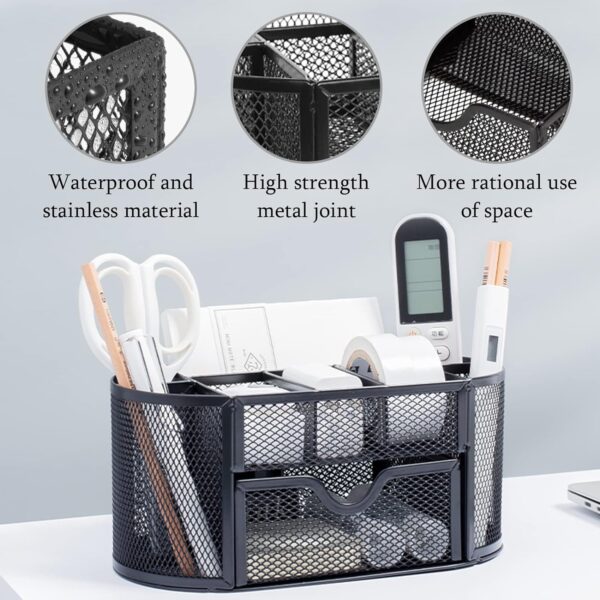 Mesh Pen Holder, Desk Organizer for Desk Pencil Holder with 8 Compartments and 1 Drawer Desk Supplies for Office Home 1 PC