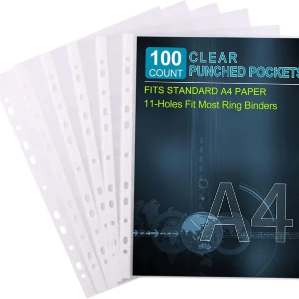 A4 Plastic Punch Pockets Folders (100 Pieces) 6 Micron, Top Opening Sheet Protector, Reinforced 11-Hole for Most Ring Binders, Clear Poly Document Files Protector Pocket