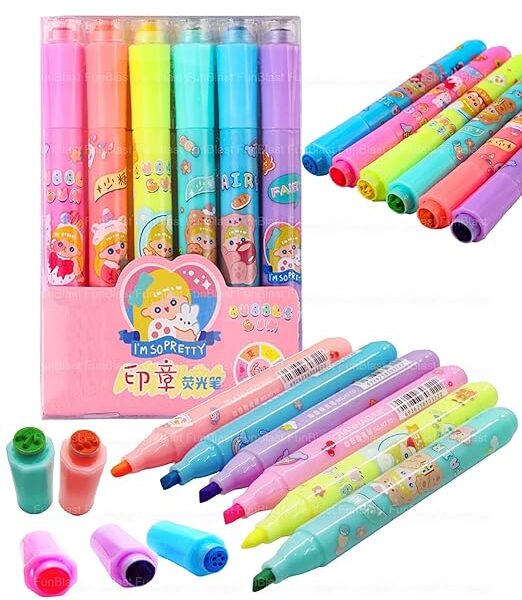 Stamp Highlighters 2-in-1 Pastel Color Marker Pen, Cute Stationery Cartoon Highlighters, Pack of 6 Pens for Kids