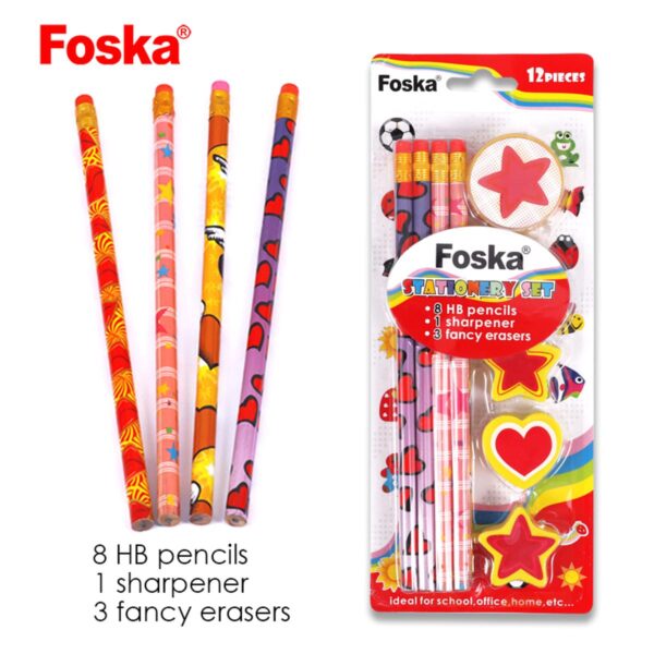 Foska Different Fancy Designs Stationery HB Pencil and Eraser Set