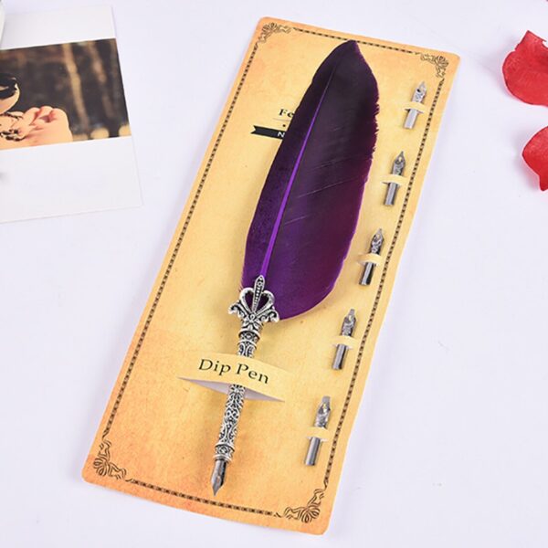 Creative Feather Dip Fountain Pen Chancery Quill Oblique Pens +5pcs Nib Carved Metal for Fancy Font Calligraphy Vintage Pen