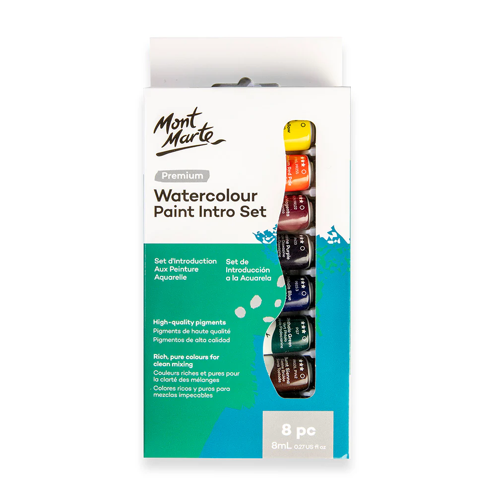 Mont-Marte-Watercolour-Paint-Intro-Set-Premium-8-pc-8-ml-0.3-oz-PWCS8080_V01-Front